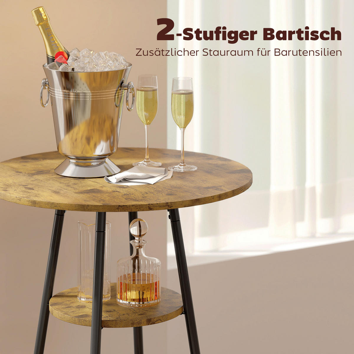BARTISCH mit 2 Gepolsterten Stühlen mit Fußstütze, Rückenlehne, Rustikal-Braun - Braun, Holzwerkstoff (60/91/60cm) - HOMCOM