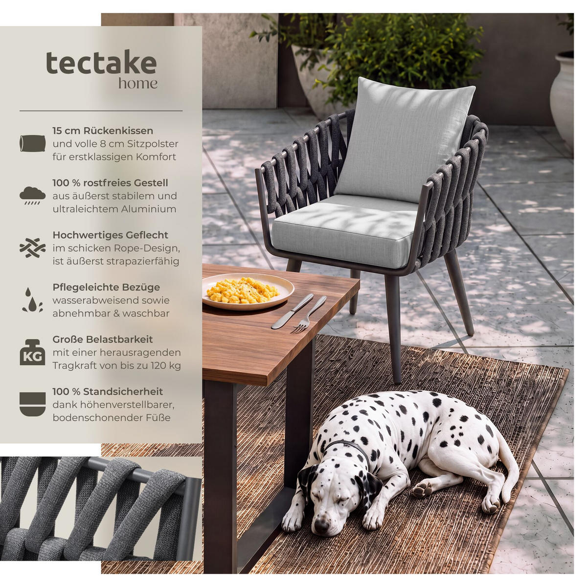STUHL Lugano im Rope-Design,Aluminium anthrazit,61 x 60 x 73 cm - Dunkelgrau/Anthrazit, Kunststoff/Metall (62.5/75/65.5cm) - tectake