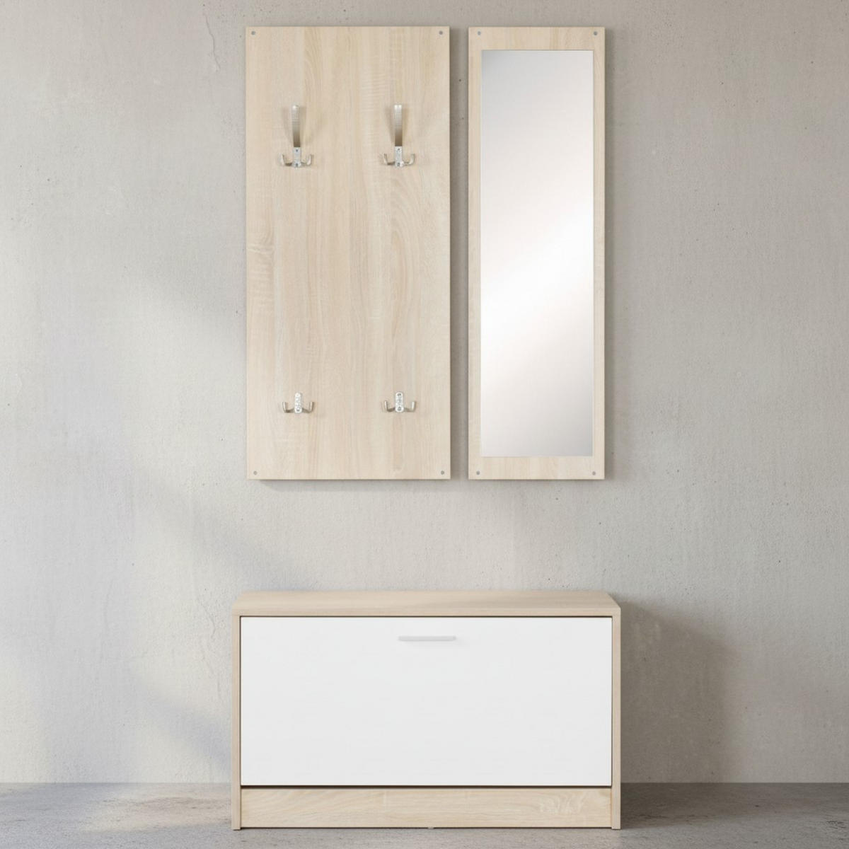 WANDGARDEROBE mit Spiegel, 10 Haken und Platz für 8 Paar Schuhe DELFT, Beige 80x27x180 cm - Beige, Holz (80/180/27cm) - KADIMA DESIGN