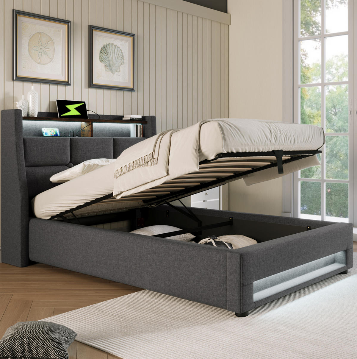 POLSTERBETT 90/200 cm Grau mit Bettkasten, LED und USB - Grau, Textil (90/200cm) - Flora Grace