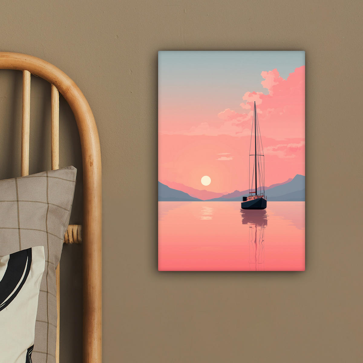 LEINWANDBILD Segelboot - Rosa Meer - Sonnenuntergang - Berge Deko Wohnzimmer 20x30 cm - Rosa, Textil (20/30cm) - MuchoWow