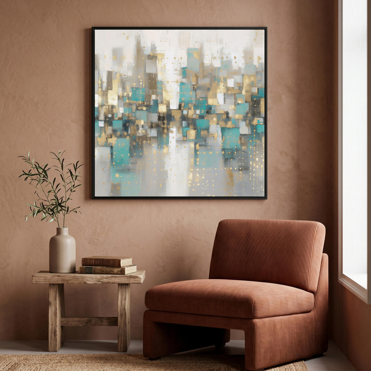 LEINWAND Bilder mit Rahmen - Abstrakt - Blöcke - Gold - Skyline - 90x90 - Beige, Textil (90/90cm) - MuchoWow