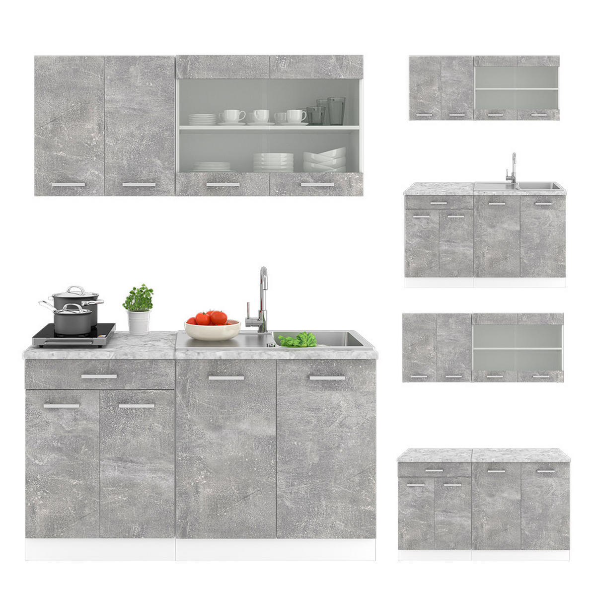 KÜCHENZEILE R-Line Beton/Weiß 140 cm, AP Eiche - Schieferfarben/Weiß, Holzwerkstoff (140/81.6/60cm) - Vicco