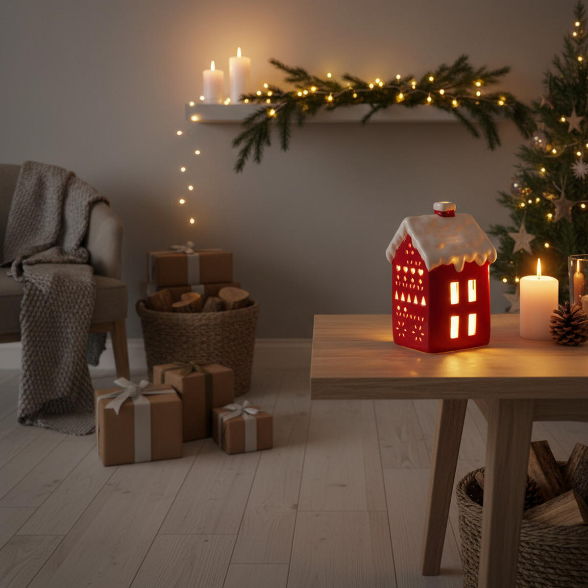 LED-LAMPE Hausform 13 cm - Rot, Keramik (7/12.7/7.7cm) - Home Styling Collection