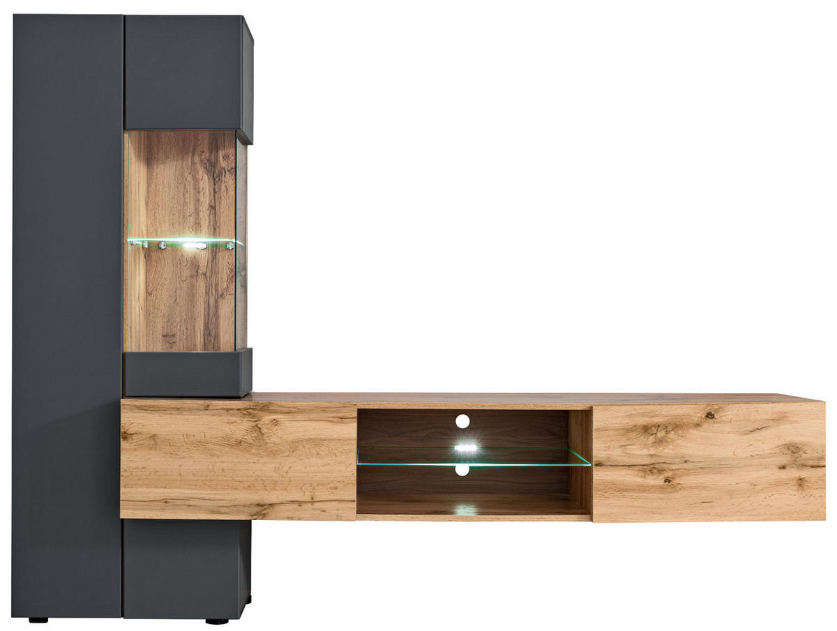 WOHNWAND anthrazit, Eiche Wotan 2-teilig 210 cm hängend, Komplettset mit LED und Push-to-Open - Anthrazit/Eiche Wotan, Glas/Holzwerkstoff (210/160/40cm) - Furn.Design