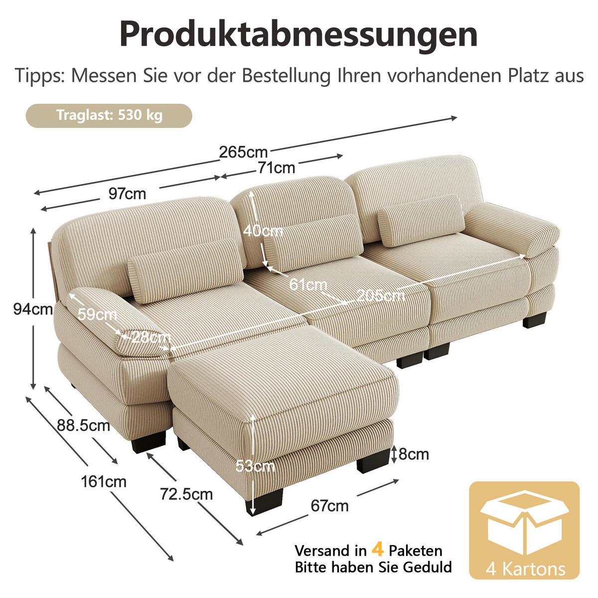 ECKSOFA L-Form 3-Sitzer mit Hocker, DE-42659, Beige - Beige, Holz (265/161cm) - ComfortXL