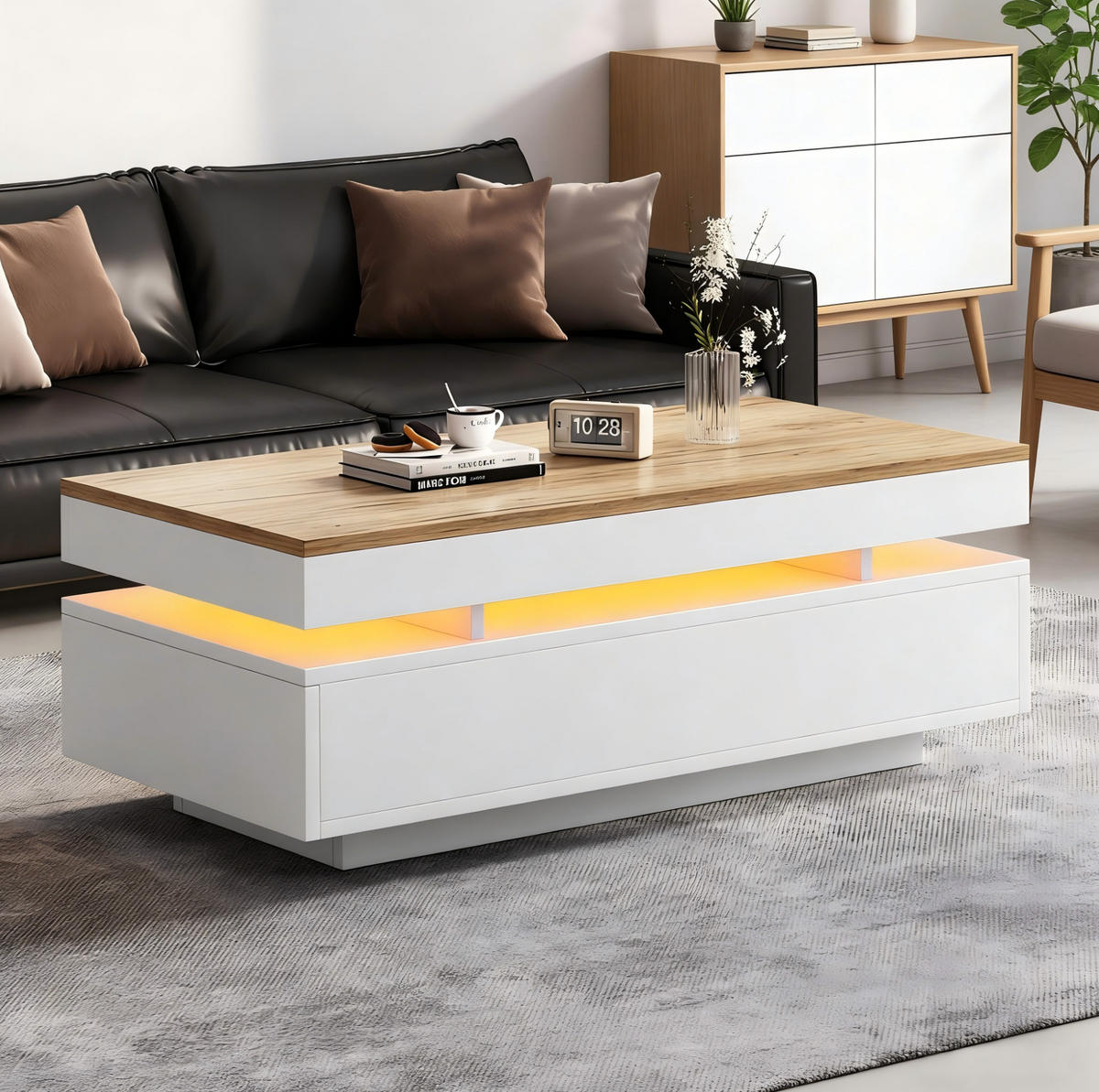 COUCHTISCH mit 2 Schubladen 100 x 50 x 35 cm Weiß Holzoptik mit LED - Weiß, Holzwerkstoff (100/50/35cm) - Meubliv