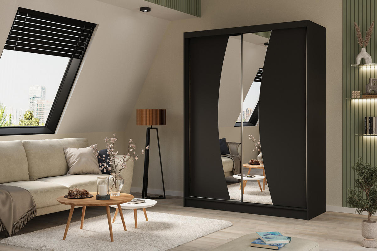 KLEIDERSCHRANK mit Spiegel-Schiebetüren und Aluminium-Leisten, LED-Beleuchtung - VOXI - 160 cm Schwarz - Schwarz, Holzwerkstoff (160/216/61cm) - ALTDECOR