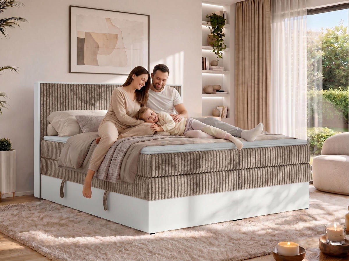 BOXSPRINGBETT TRAVIT KING 200/200 - Grau Cord - Topper Visco - H3 - Schwarz/Grau, Kunststoff/Textil (200/200cm) - MKS