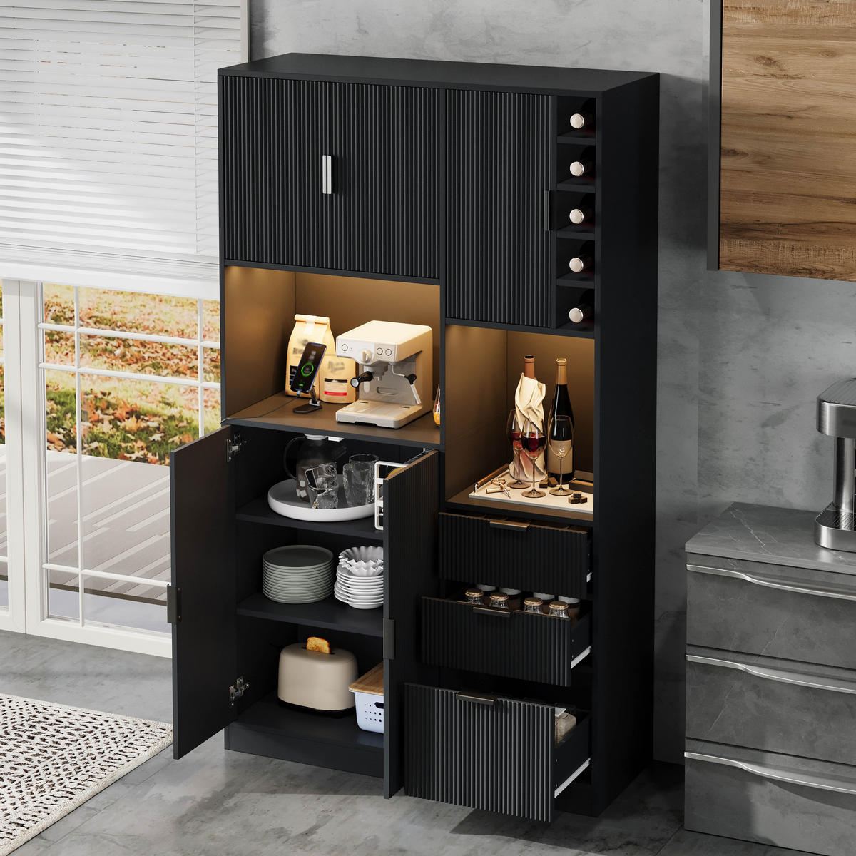 BUFFET DE-38683 105/40/180 cm LED-Beleuchtung und Weinregal Schwarz - Schwarz, Holzwerkstoff (105/180/40cm) - ComfortXL