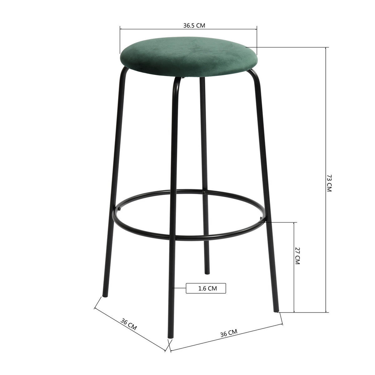 BARHOCKER 2er-Set Metallfüße, Samt, grün - Schwarz/Grün, Textil/Metall (36/73/37cm) - Urban Meuble
