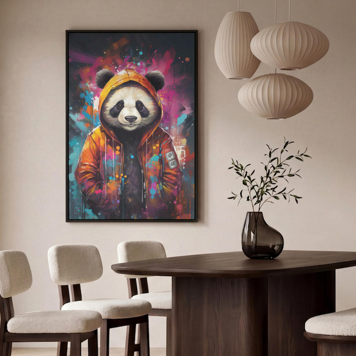 LEINWAND Bilder mit Rahmen - Panda - Jacke - Graffiti - Orange - 80x120 - Orange, Textil (80/120cm) - MuchoWow