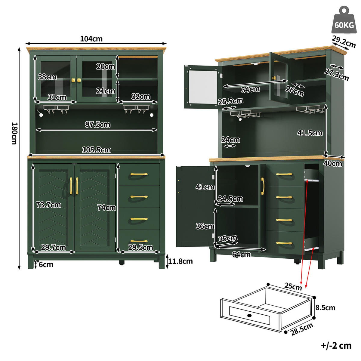 BUFFET 105,5/40/180 cm aus MDF mit LED-Lichtleiste und großem Stauraum Grün - Grün, Holzwerkstoff (105.5/180/40cm) - Modenvie