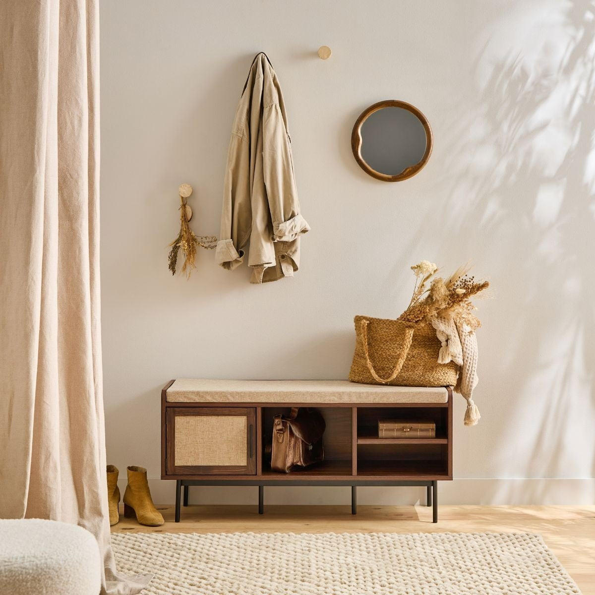 SCHUHBANK Nussbaumdekor 3 Fächer 1 Tür - jetson 100/35/45,5 cm - Nussbaumfarben, Holzwerkstoff (35/45.5/43cm) - Calicosy