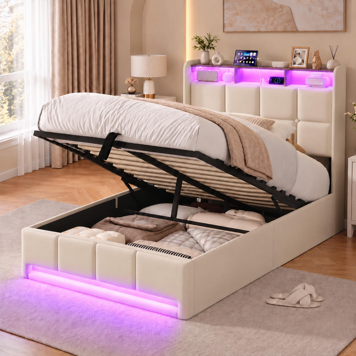POLSTERBETT 90/200 cm，LED Bett Beige mit Stauraum & USB,Lattenrost,Leinen - Beige/Naturfarben, Holz/Textil (90/200cm) - FURNISHINGS HOME