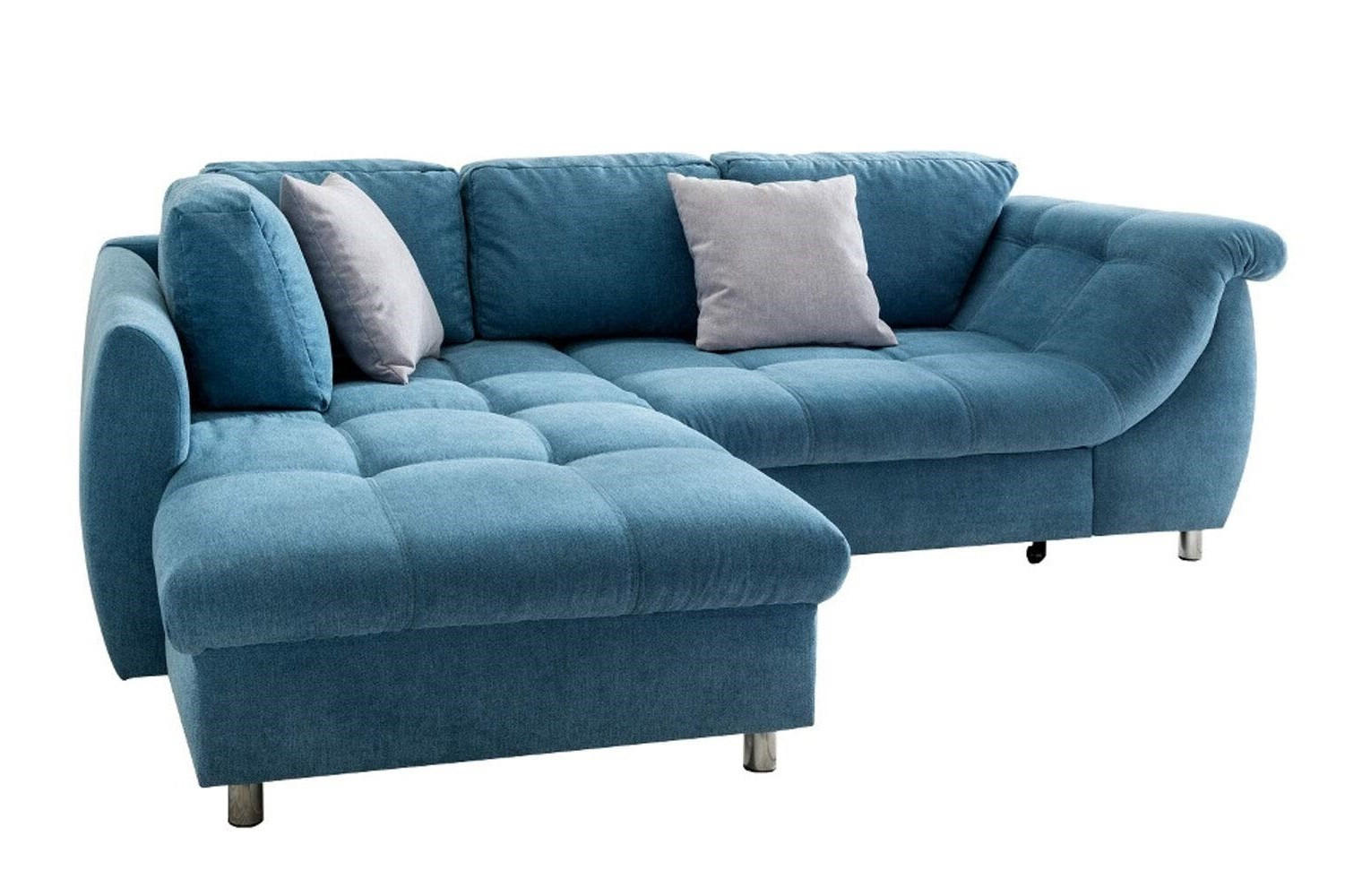 ECKSOFA mit Schlaffunktion, Bettkasten, Wellenunterfederung, Ottomane links B250/T190/H84 cm, Liegefl. 179x190 cm, Mikrofaser Blau / 17102 - Blau/Chromfarben, Textil/Metall (250/190cm) - luma-home