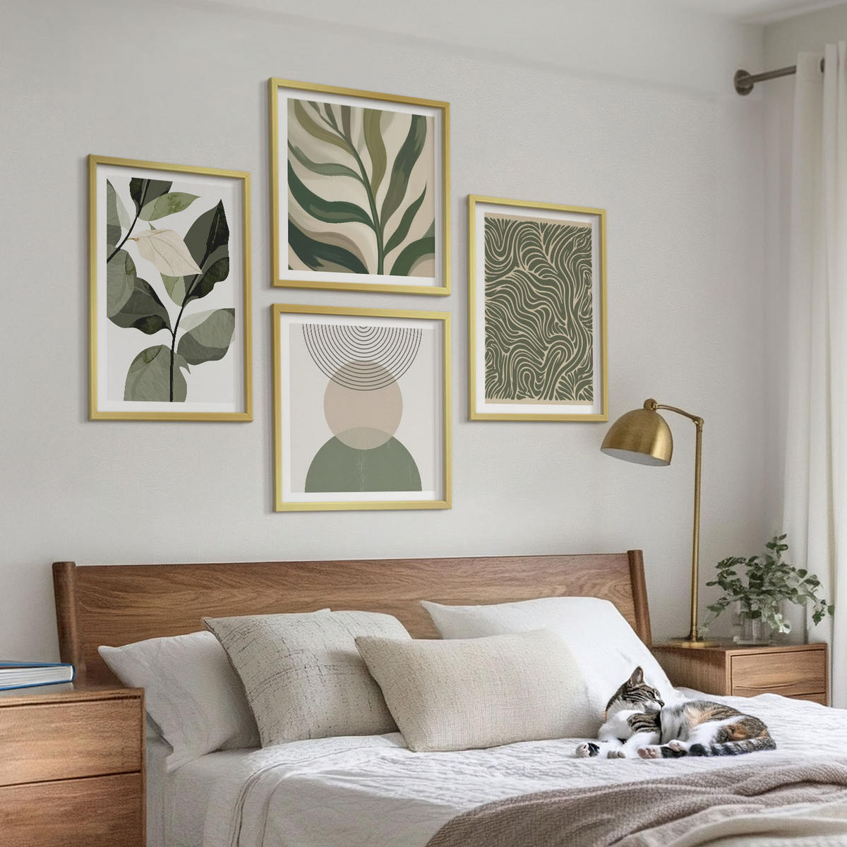 BILDER SET 4er Set - 50x50 cm & 40x60 cm Goldrahmen - Blätter geometrische Formen abstrakt - Goldfarben, Kunststoff (50/50cm) - TULUP