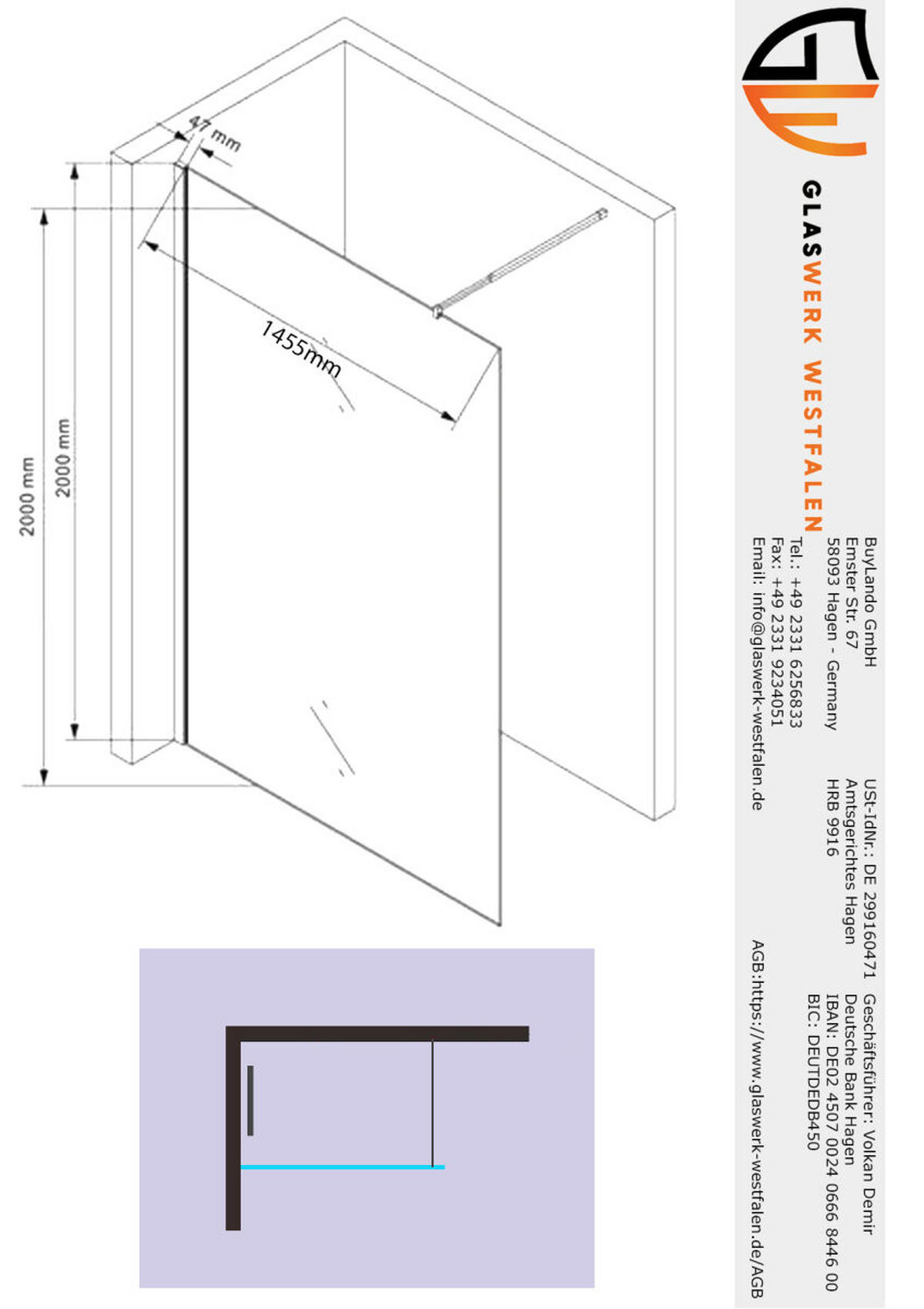 WALK-IN-DUSCHWAND 150 × 200 cm – ESG-Sicherheitsglas – Schwarz - Schwarz, Glas (10/150/200cm) -  Glaswerk Westfalen
