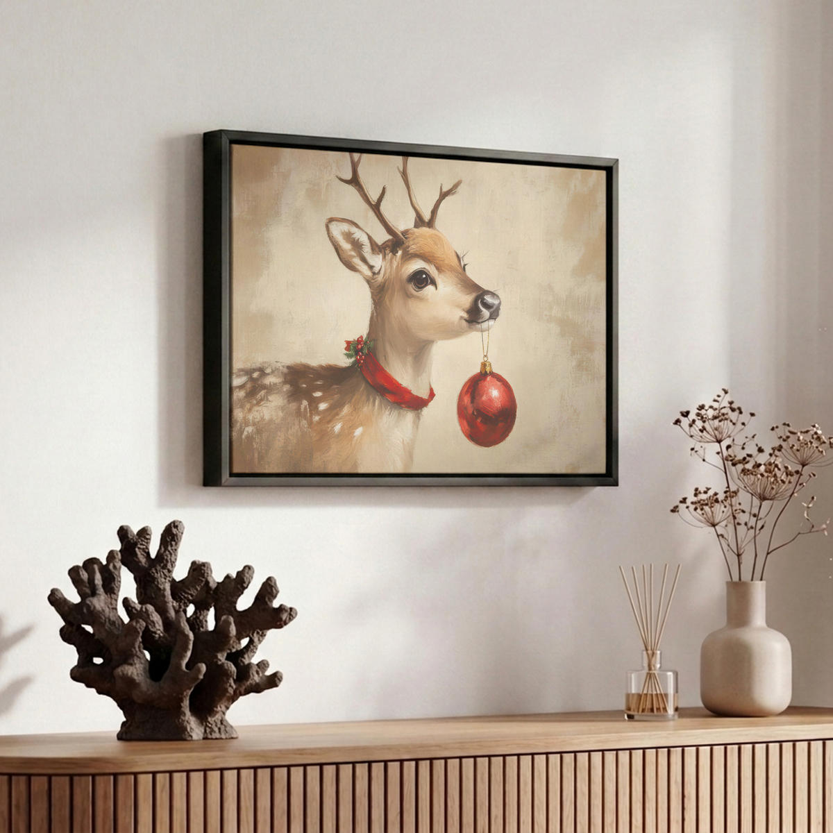 LEINWAND Bilder mit Rahmen - Weihnachten - Hirsch - Geweih - Weihnachtskugel - Rentier - 30x20 - Hellbraun, Textil (30/20cm) - MuchoWow