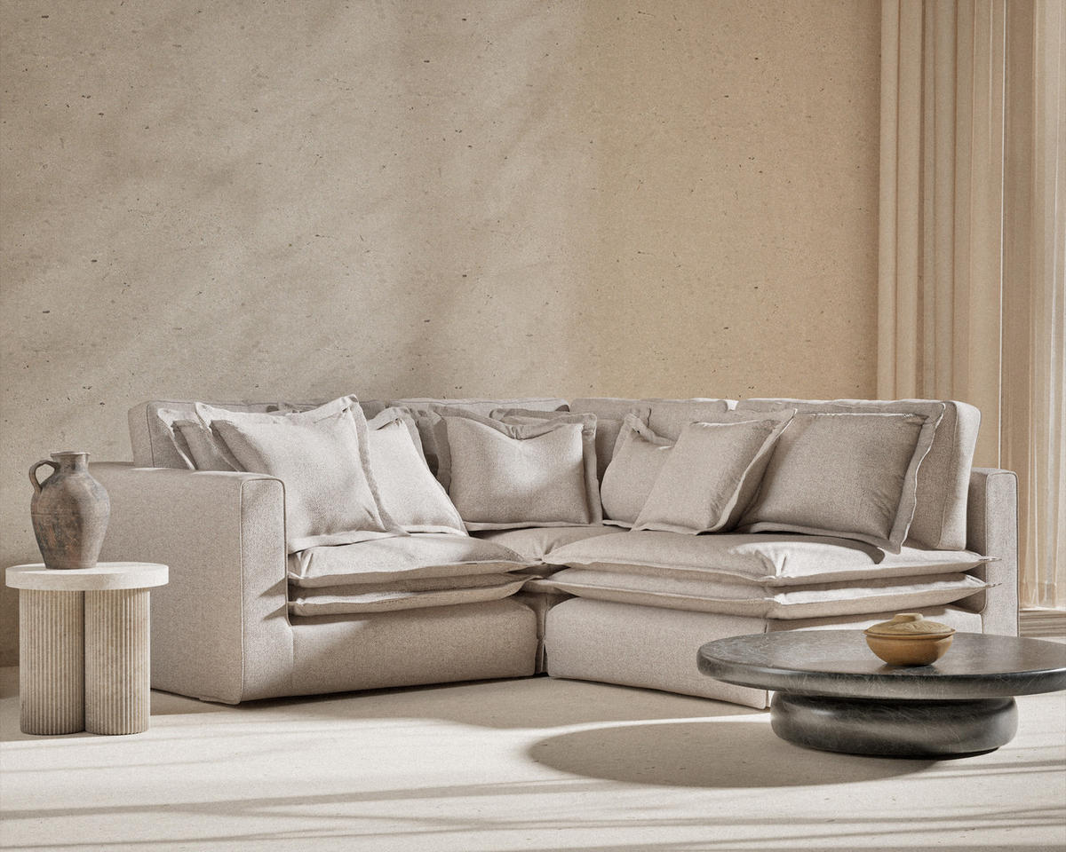 ECKSOFA Amalfi Beige Webstoff - Beige/Schwarz, Holz/Holzwerkstoff (238/222cm) - Maison de Reve