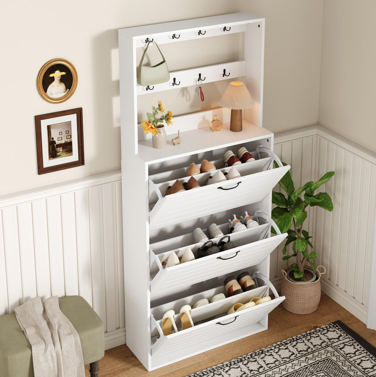 SCHUHSCHRANK 70/165/25 cm Weiß aus Spanplatte mit 8 Haken - Weiß, Holzwerkstoff (70/163/25cm) - OKMYHOME