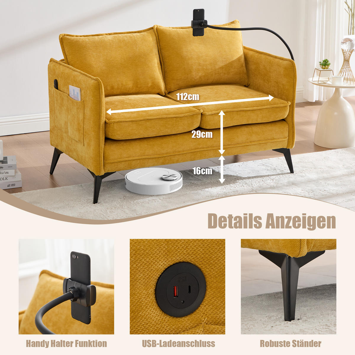 SOFA 2-SITZER in Gelb aus weichem Chenille - Gelb, Textil (127/66/69cm) - Urban Meuble