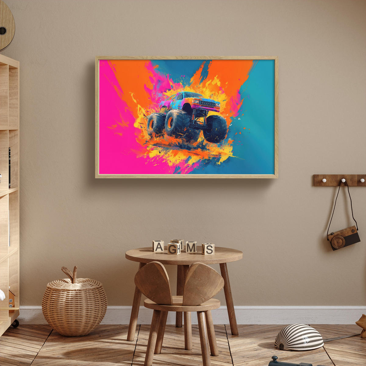 NÁSTĚNNÁ LAMPA S AKUMULÁTOREM Monster truck - Abstraktní - Stříkající barva - Barevné 90x60 cm - růžová, kompozitní dřevo (90/60/8cm) - OnlyWow