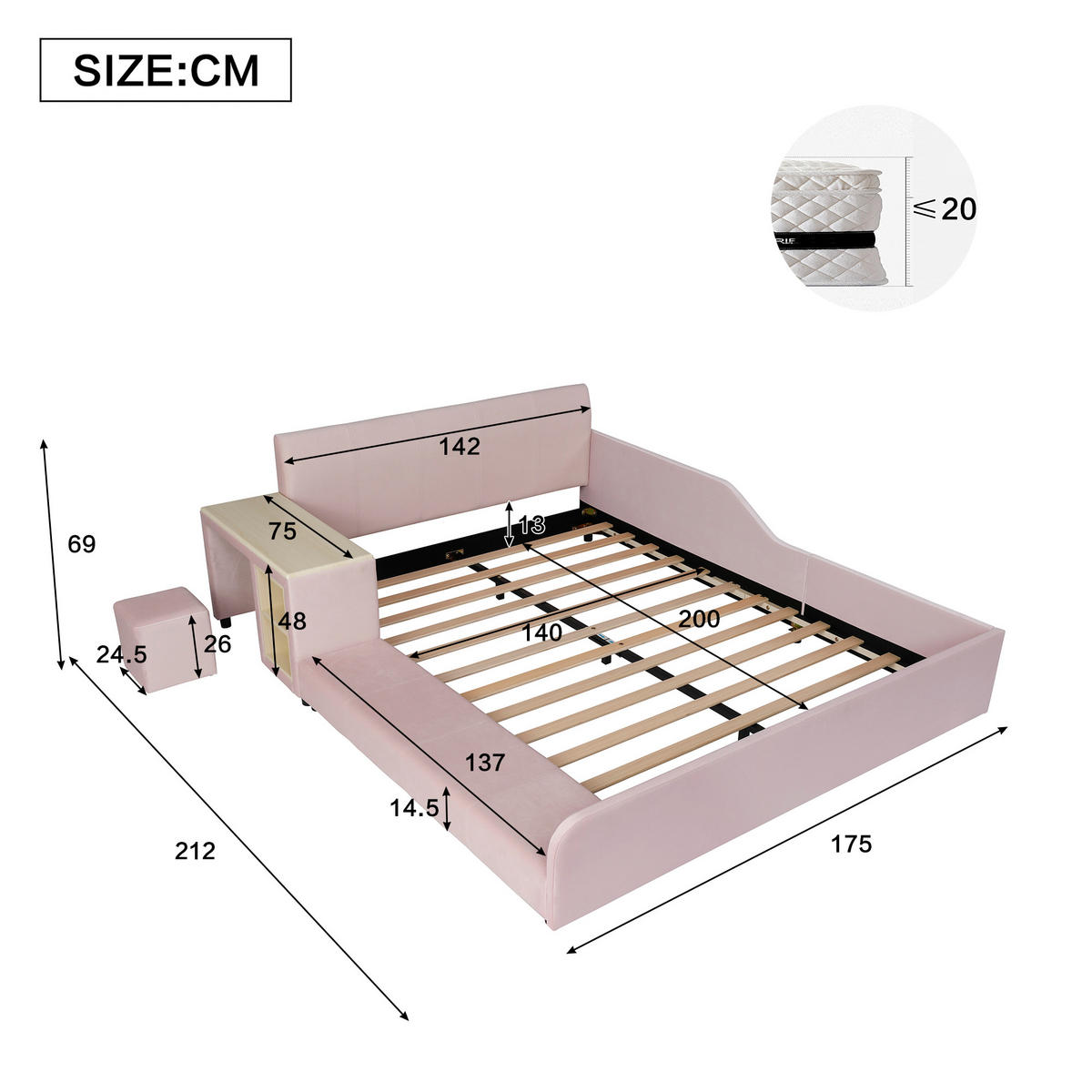 POLSTERBETT 140/200 cm in Pink mit Schreibtisch, Hocker und Ablageboden aus Samt - Kinderzimmer mit Stil - Rosa, Holzwerkstoff/Textil (140/200cm) - STILVORA
