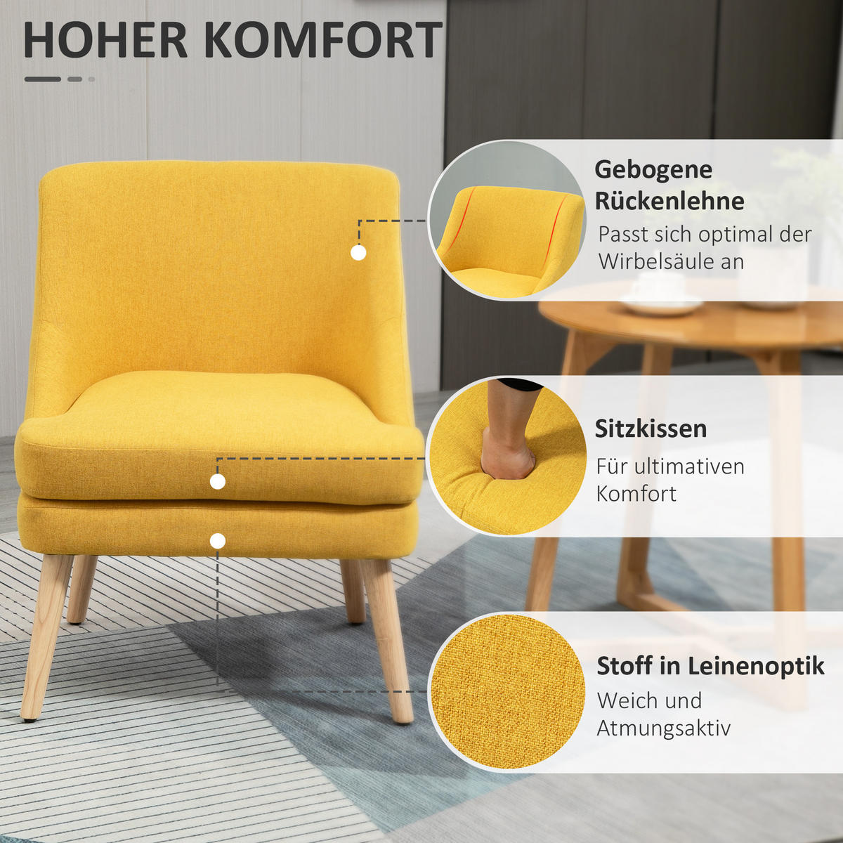GEPOLSTERTE Loungesessel, Armlehne, Holzbeine, für Wohnzimmer, Schlafzimmer - Gelb, Kunststoff (69/79.5/63cm) - HOMCOM