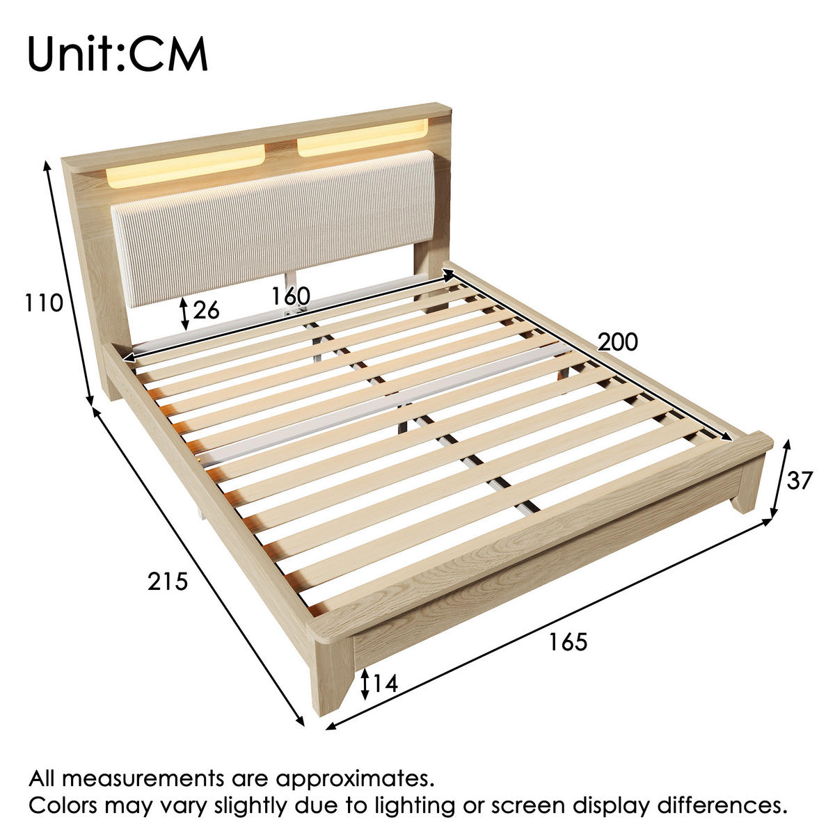 BETT 160/200 cm mit LED-Kopfteilablage & Stauraum, Cord-Polsterkopfteil, Beige/Eiche - Beige, Textil (160/200cm) - Redom