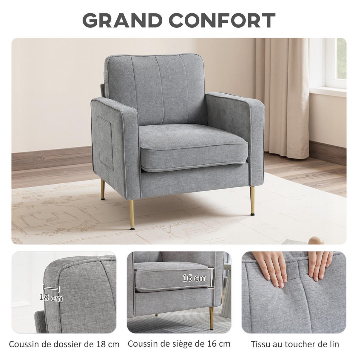 SESSEL DE-13486 mit Seitentaschen, Goldmetallfüßen Grau - Grau, Textil (84/87/81cm) - ComfortXL