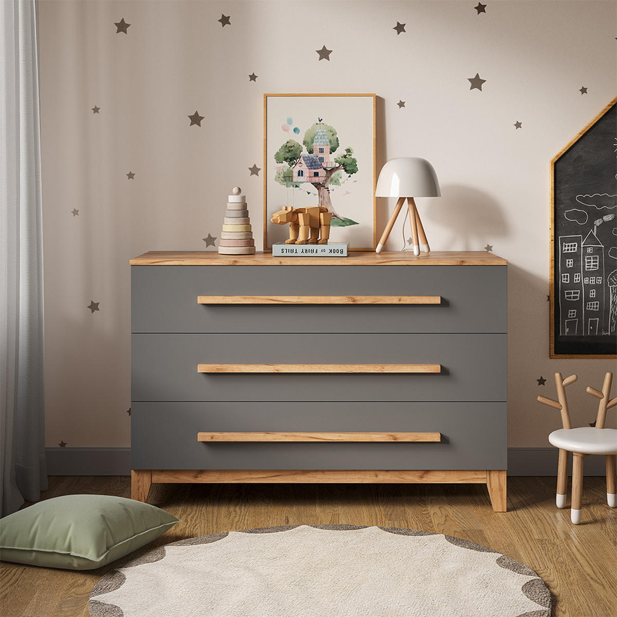 WICKELKOMMODE Malia Grau/Artisan 133.2 x 98 cm mit 3 Schubladen - Hellgrau/Grau, Holzwerkstoff (133.2/98/70cm) - VitaliSpa