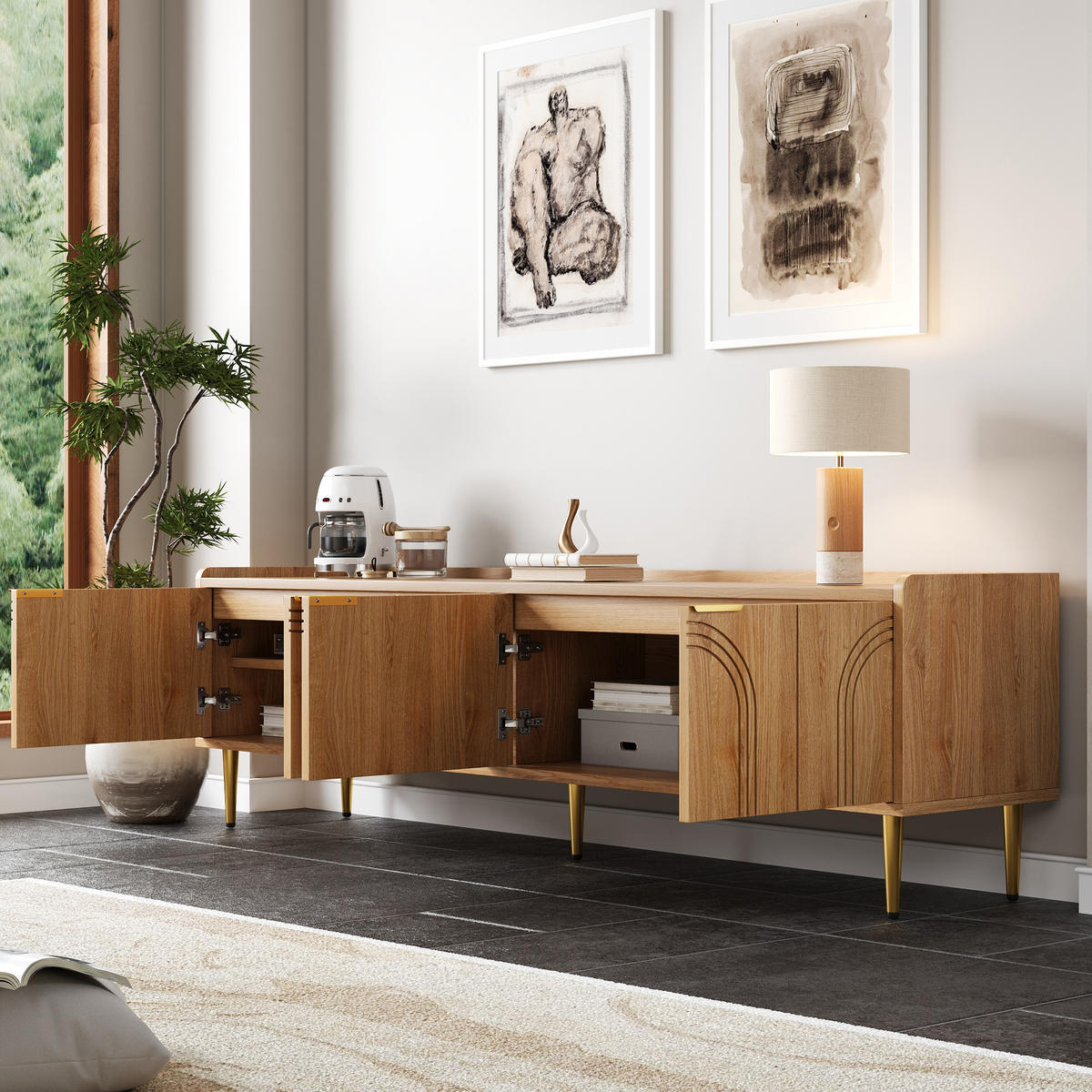 TV-SCHRANK 170cm strukturierte Tür Goldgriffe modern - Naturfarben, Holzwerkstoff (35/47.5/170cm) - FLIEKS