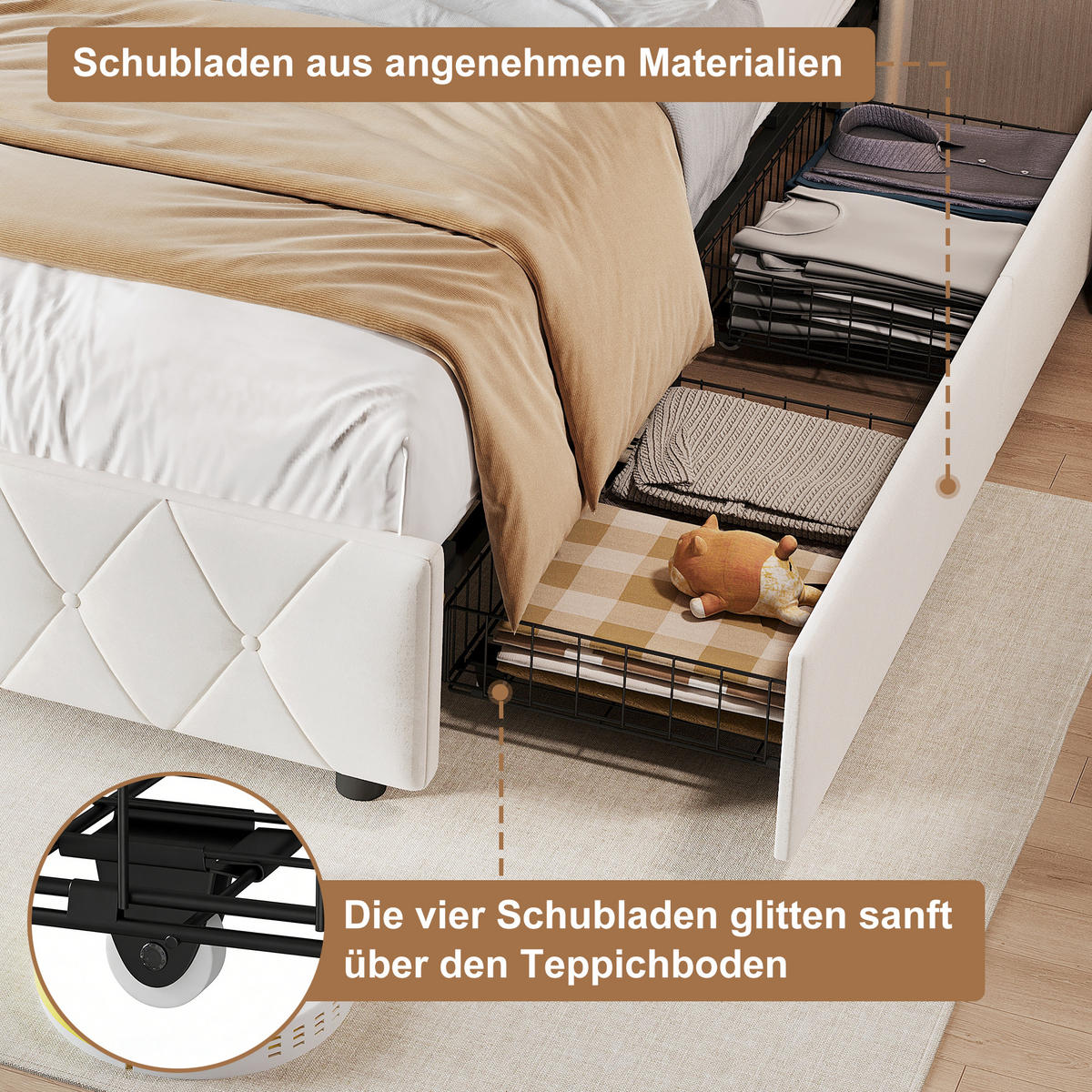 POLSTERBETT 90x200 cm mit 2 Schubladen, LED, USB & Type-C, Einzelbett Kopfteil und Lattenrost, Beige - Beige, Metall (90/200cm) - EuroLiving