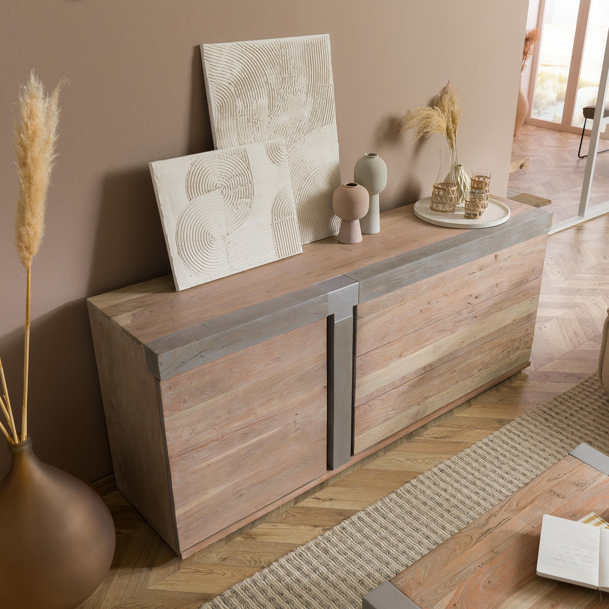 SIDEBOARD Akazie 180x45x75 beige lackiert Amsterdam #111 - Beige, Holz (180/75/45cm) - Massivmoebel24