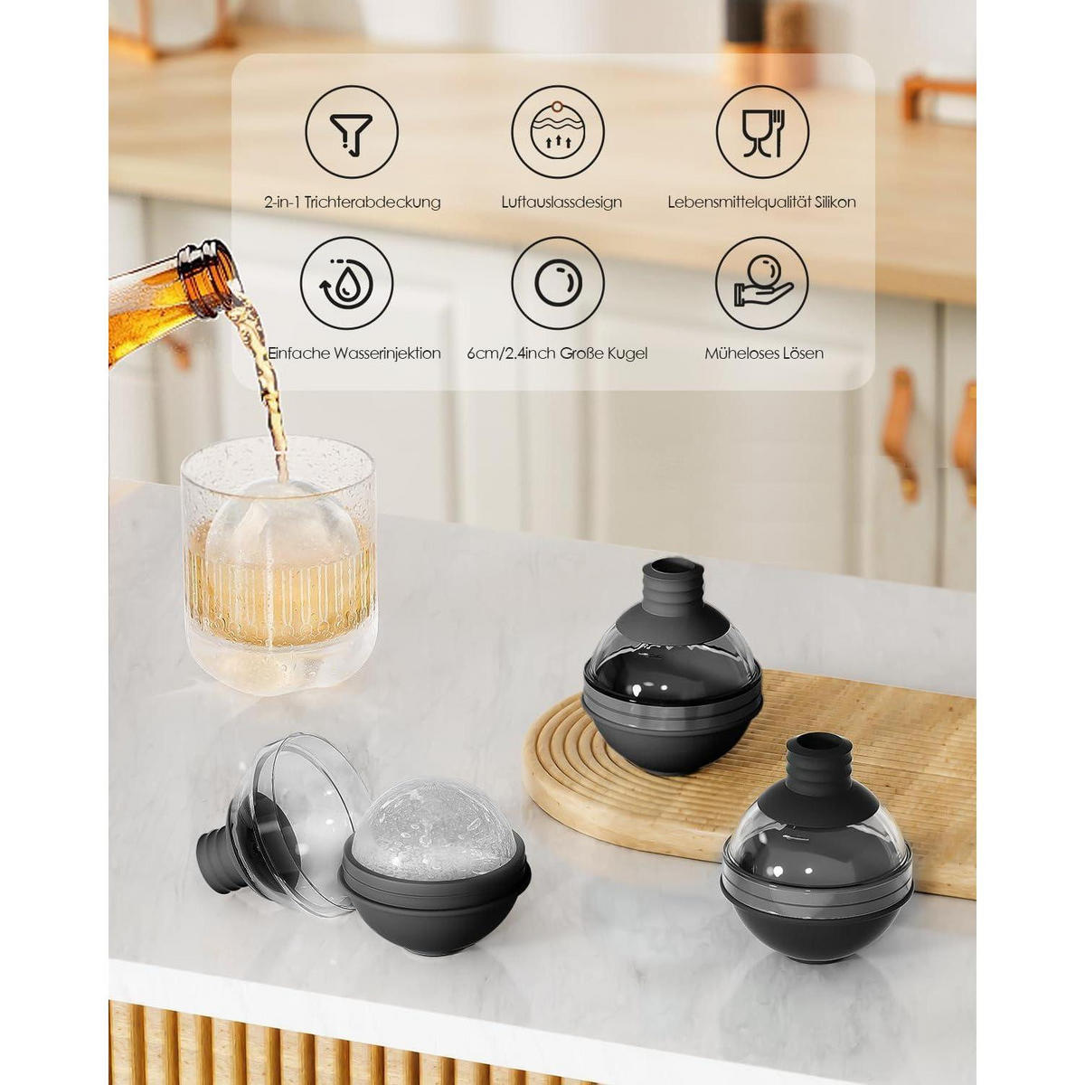 EISWÜRFELFORM 4er Set 6 cm Kugel mit Trichterdeckel Schwarz - Schwarz, Kunststoff (7/8.5/7cm)