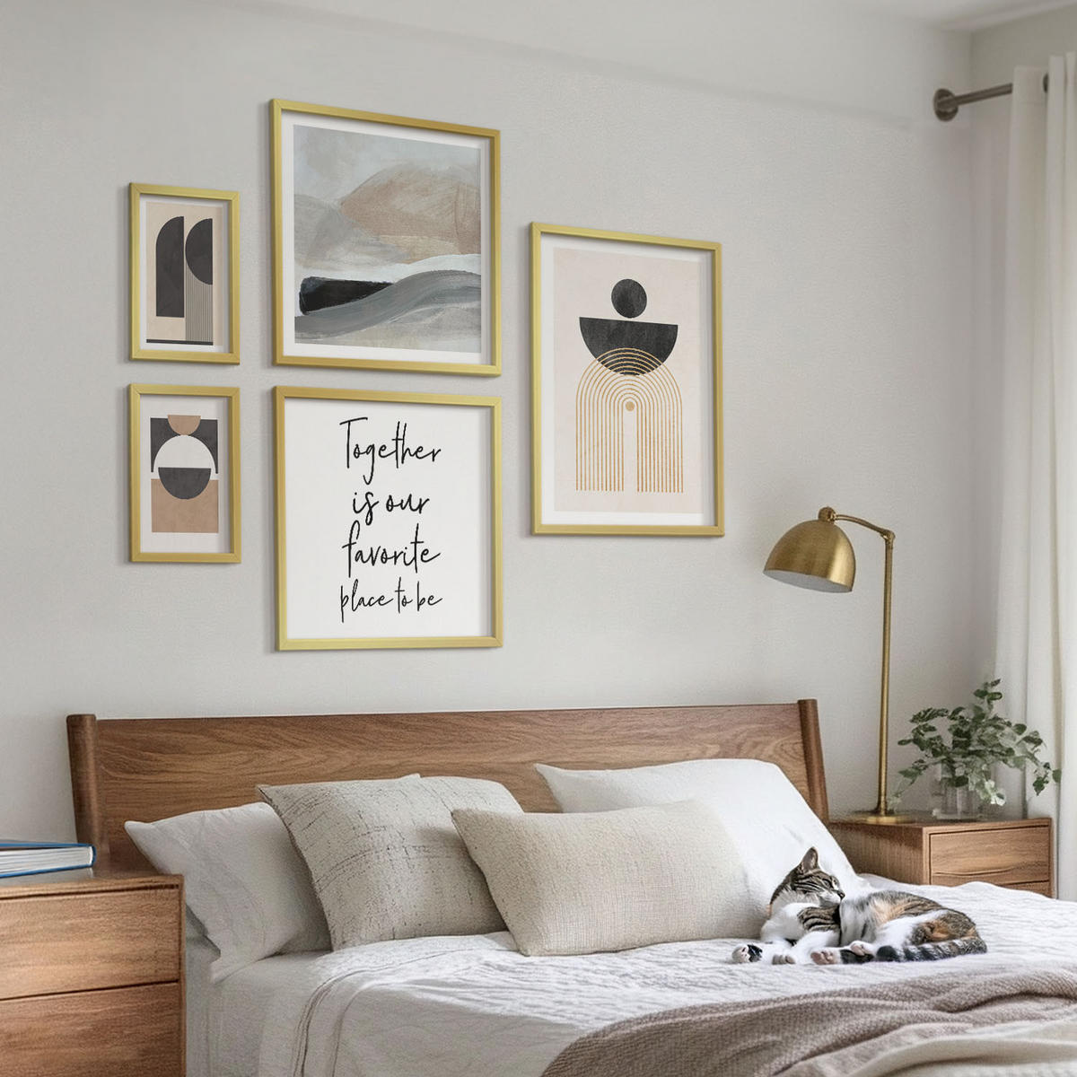 BILDER SET 5er Set - 50x50 cm & 20x30 cm & 40x60 cm Goldrahmen - Abstrakte Formen beige braun - Goldfarben, Kunststoff (40/60cm) - TULUP