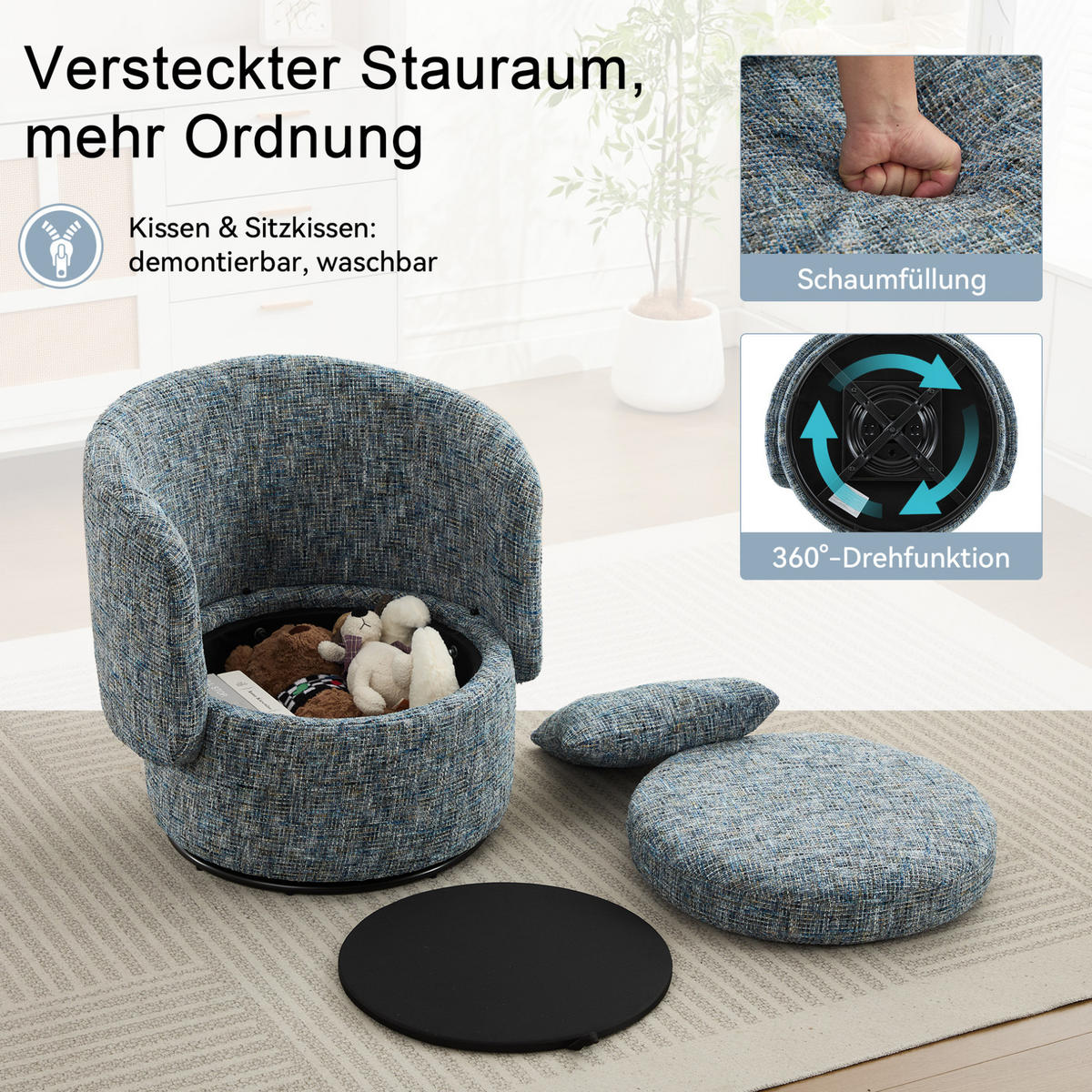 DREHSESSEL 72/66,5/76 cm aus Chenille mit 360°-Drehfunktion und Stauraum - Blau, Textil (66.5/76/72cm) - BEAOK