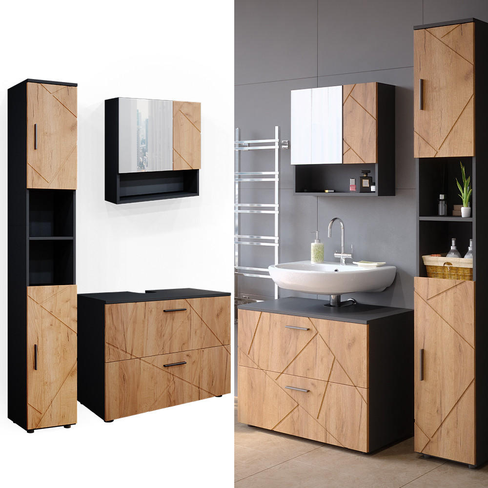 BADMÖBEL-SET Irma Goldkraft Eiche/Anthrazit 3 Teile, mit Schubladenschrank und Hochschrank - Honigeiche/Anthrazit, Holzwerkstoff (80/58.6/41cm) - Vicco