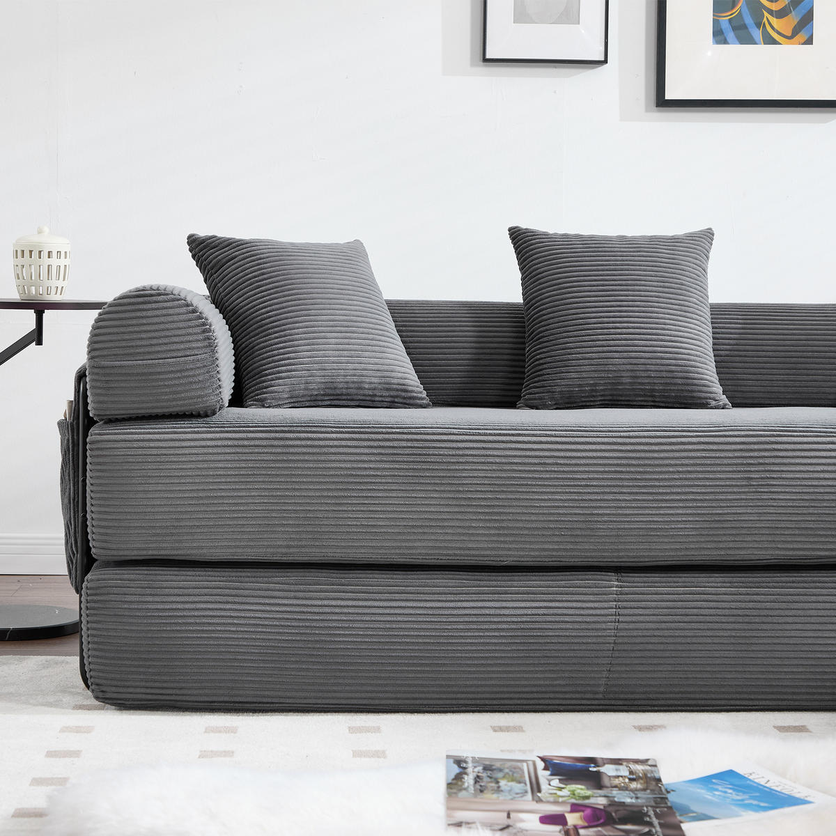 ECKSOFA Cord Dunkelgrau mit Stauraum und Schlaffunktion - Dunkelgrau, Textil/Metall (270/180cm) - WISHDOR