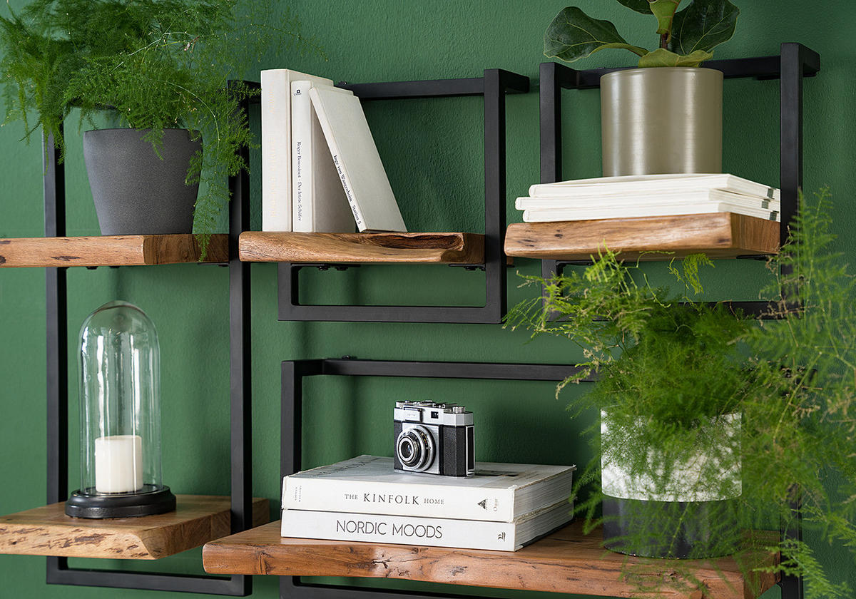 WANDREGAL - Akazie massiv / Metall - Akaziefarben, Metall (65/30/26cm) - home24