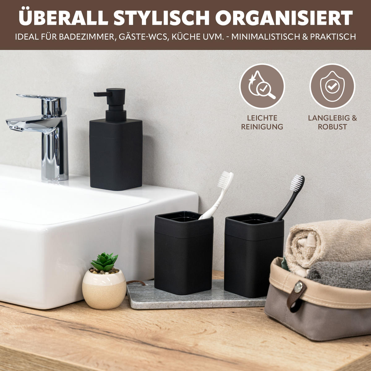 BADEZIMMER-SET SAVONA, Soft-Touch, schwarz, eckig - Schwarz, Kunststoff (7/16/9cm) - bremermann