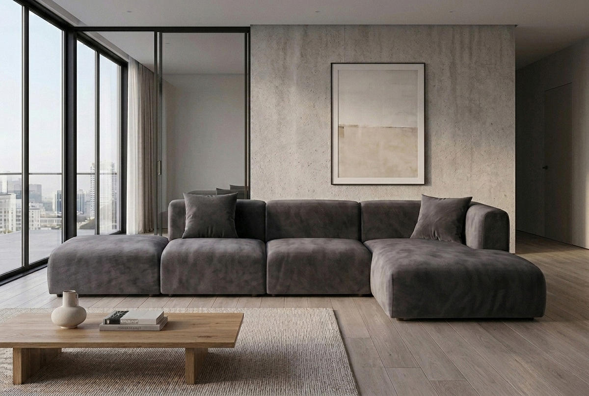 ECKSOFA L-Form Mit Hocker, Velvet-Stoff Bluvel, Aschgrau, Rechts, GRETA - Grau, Holz (386/179cm) - Kaiser Möbel