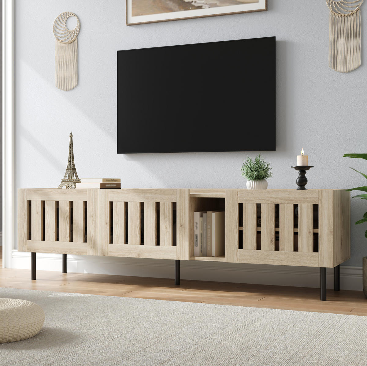 TV stolek 160/40/47 cm s průchozími lamelovými dvířky a kabelovým průchodem, přírodní - světle hnědá, kompozitní dřevo (160/47/40cm) - Redom