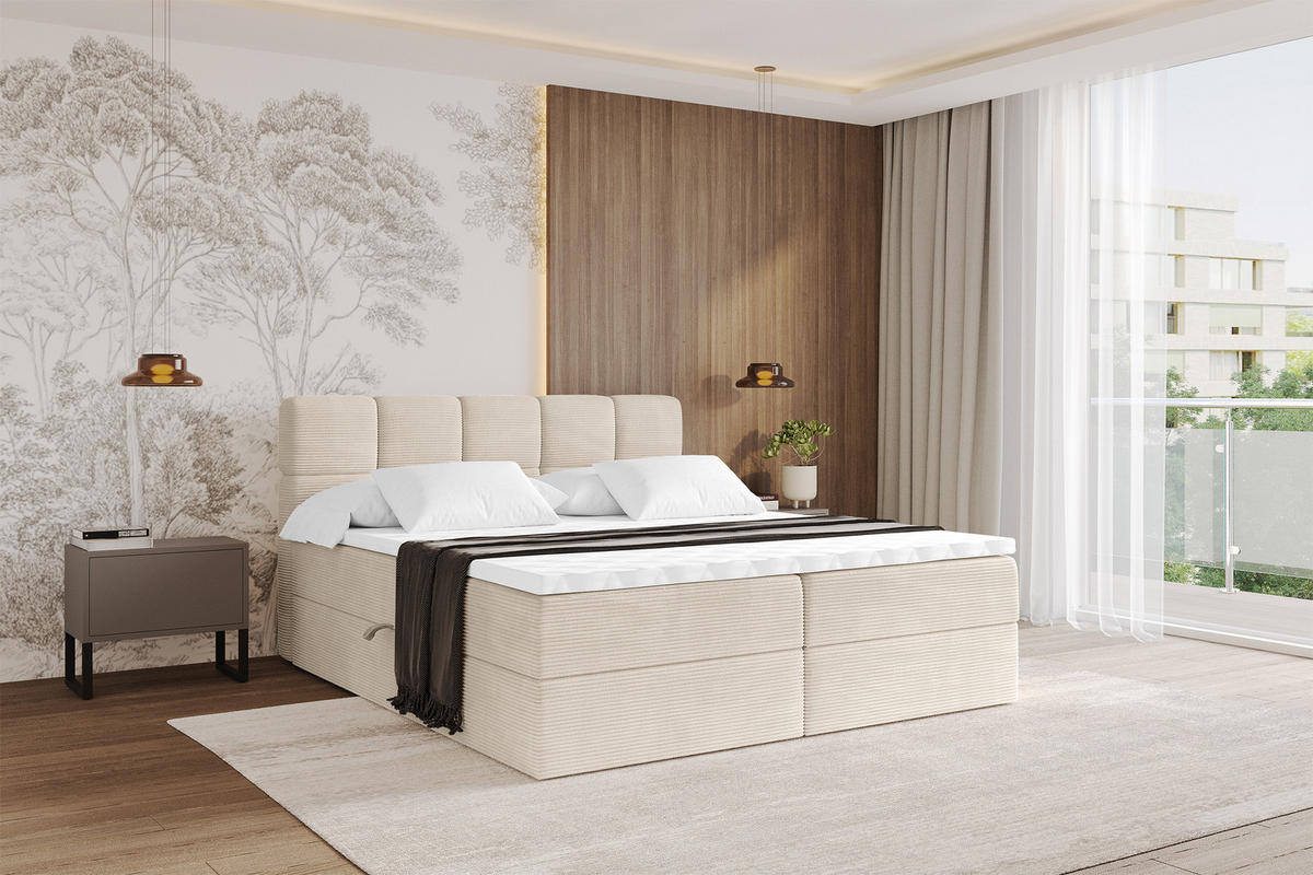 BOXBETT mit Matratze H4 - FAMA - 200x200 cm Beige Poso - Ecru, Holzwerkstoff (200/200cm) - ALTDECOR