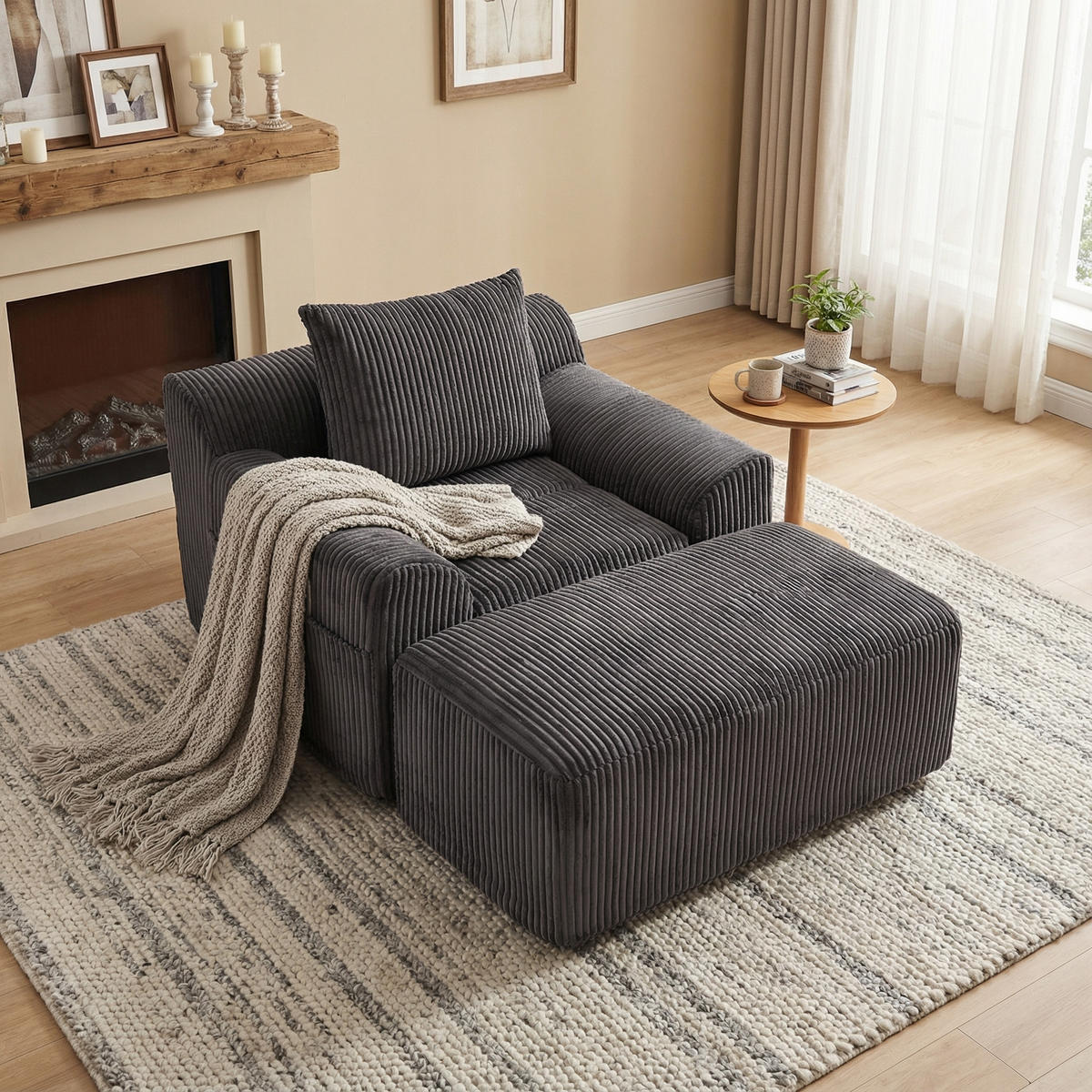 SESSEL mit Hocker in Cord Übergroßer Relaxsessel - Dunkelgrau, Textil (147/67/110cm) - Urban Meuble