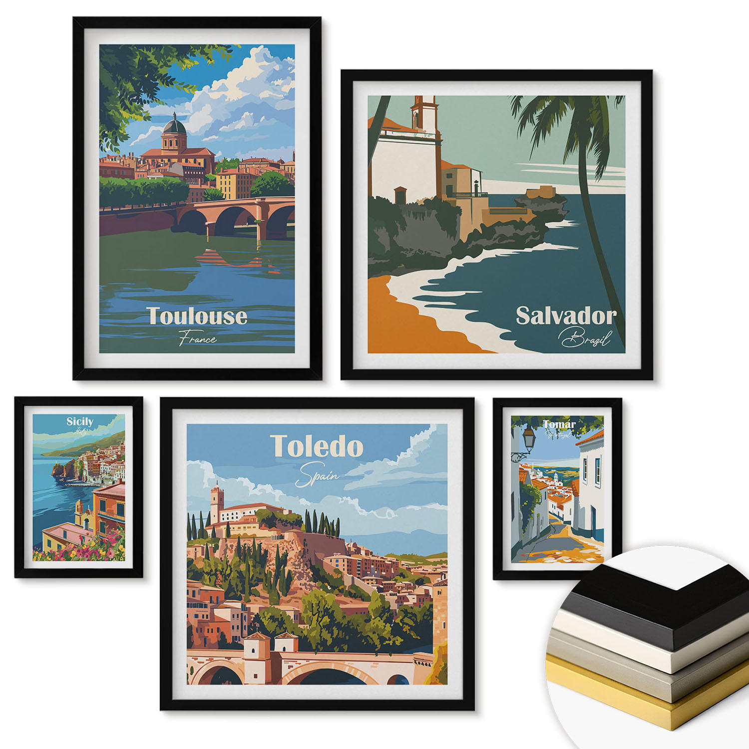 WANDBILDER 5er-Set - 50x50 cm & 20x30 cm & 40x60 cm Schwarzer Rahmen - Illustrationen zur Retro-Architektur der Berge - Schwarz, Kunststoff (40/60cm) - ArtPrintCave