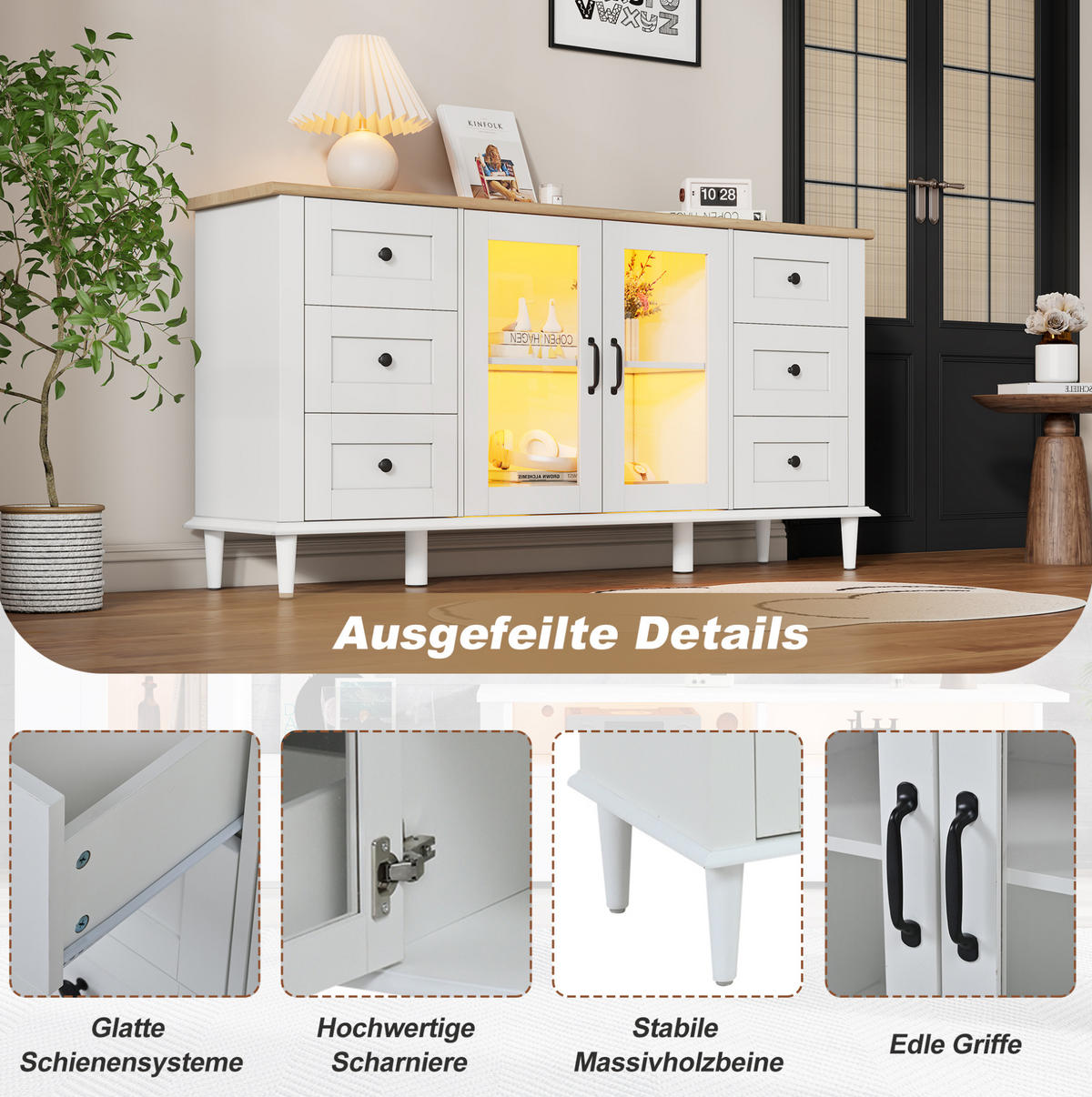 KOMODA 150/40/75 cm biela a v dekore dreva z MDF s LED osvetlením, 6 zásuvkami a akrylovými dvierkami - biela, kompozitné drevo (150/75/40cm) - OKWISH