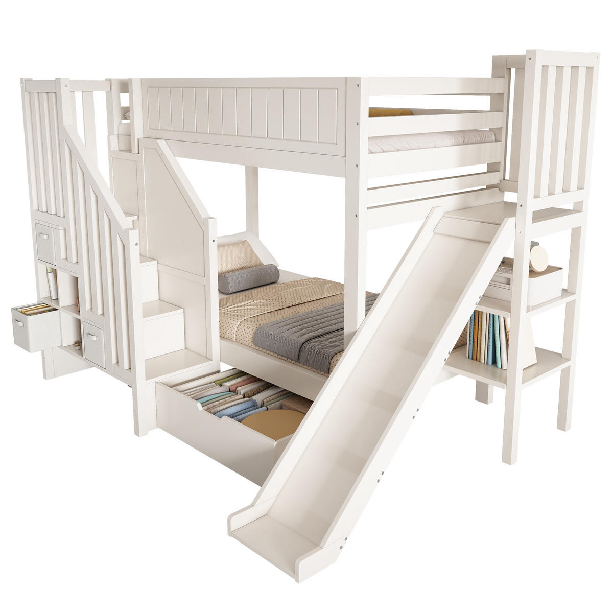 ETAGENBETT 90x200 cm in Weiß mit Rutsche & Stauraum - Weiß, Holzwerkstoff (90/200cm) - Modfu