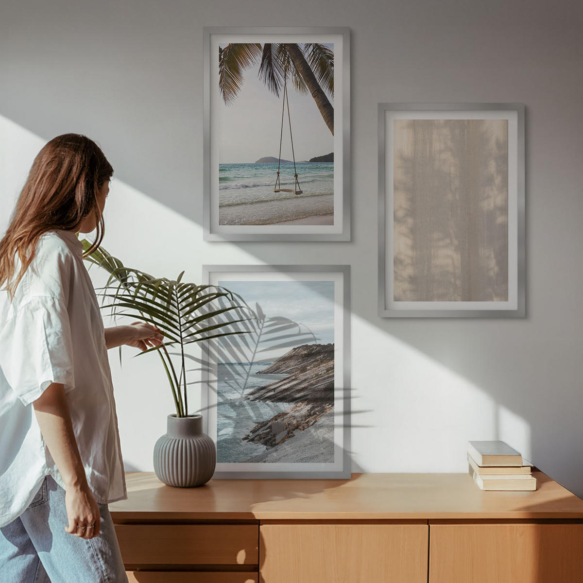 WANDBILDER 3er Set - 40x60 cm Silberner Rahmen - Sommerlicher Sandstrand mit Meerblick - Silberfarben, Kunststoff (40/60cm) - ArtPrintCave